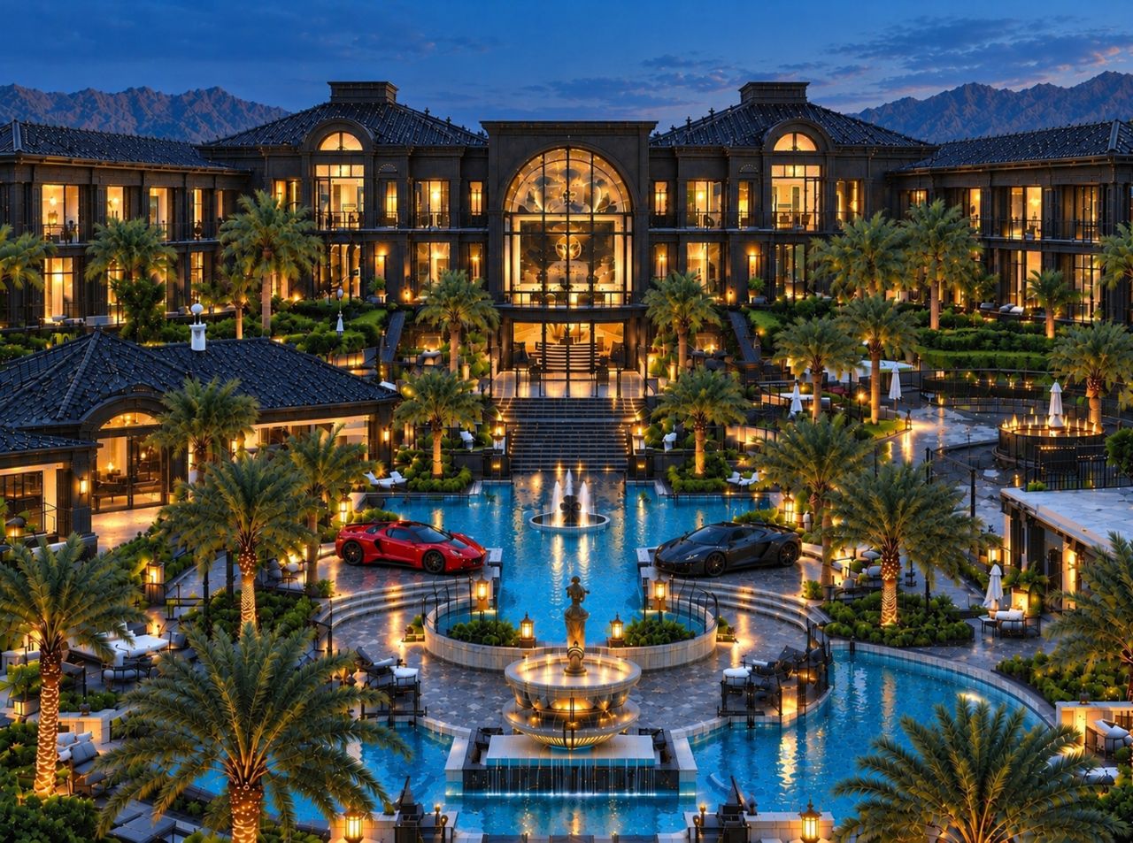 Grand black estate at dusk with palm-lined courtyard, illuminated fountains, and reflecting pools