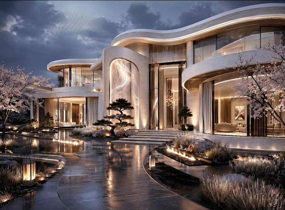 Curved contemporary villa at dusk with illuminated stone facade, reflecting pool, and cherry blossom garden