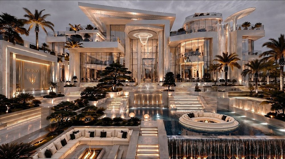 Grand marble estate at dusk with reflecting pools, illuminated fountains, and terraced gardens