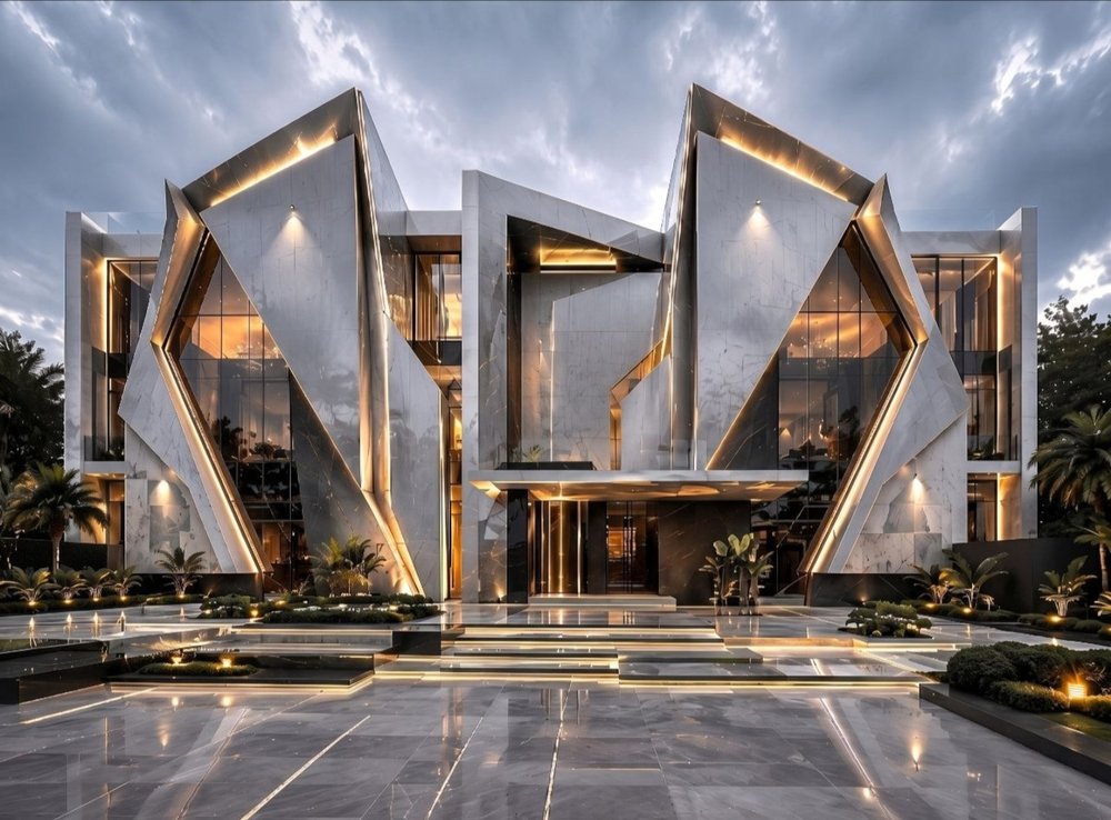 Sculptural marble and gold estate facade at dusk with dramatic angular architecture