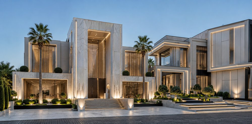 Contemporary marble estate at dusk with illuminated columns, palm-lined entrance, and glass facade
