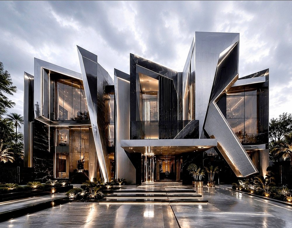 Sculptural angular estate in dark stone and metal with dramatic architectural facade at dusk