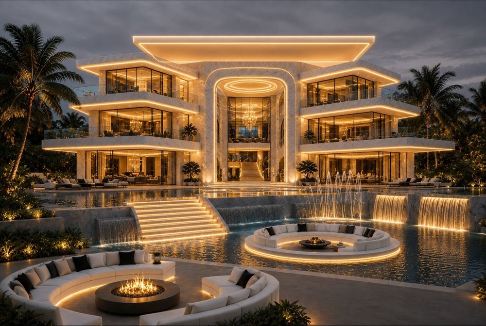Grand white marble estate at night with reflecting pools, fountains, and fire pit lounges