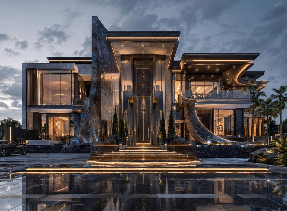 Dramatic modern estate entrance with dark stone cladding, illuminated marble steps, and reflecting pool